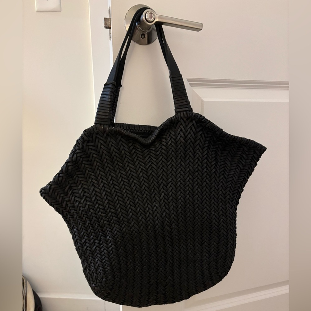 Black Leather Woven Tote Bag